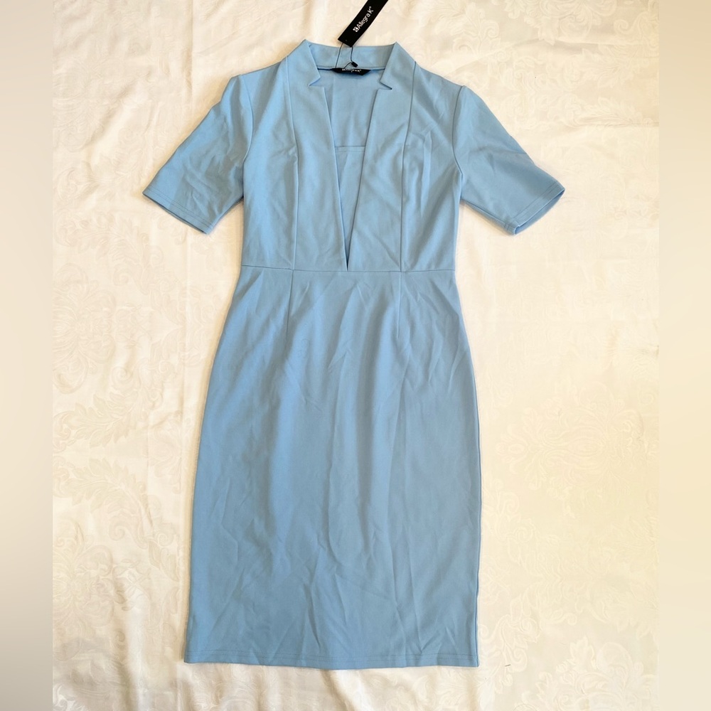 Allegra K Formal Pencil V Neck Short Sleeve Office Bodycon Sheath Dress, blue - Picture 5 of 9